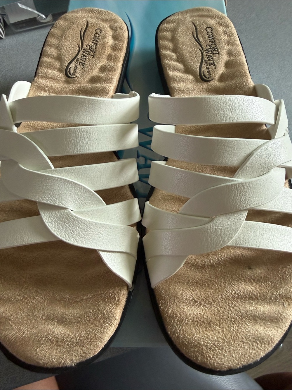 easy street White Strappy Slide Sandals with Black Sole - Picture 2 of 7